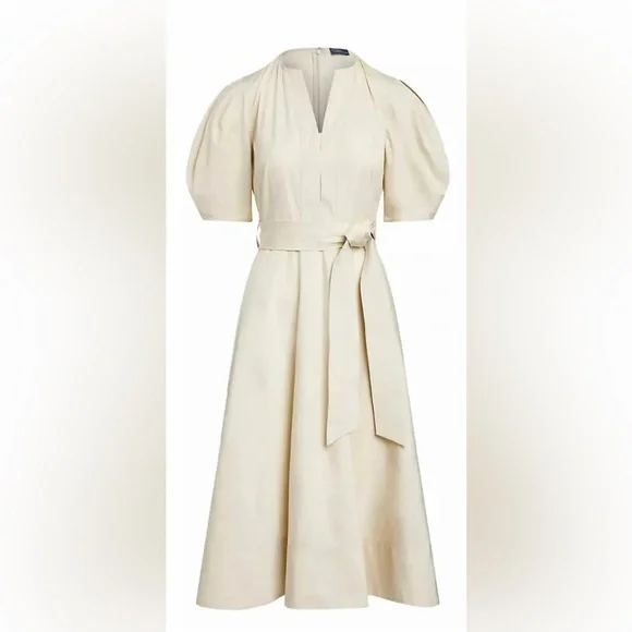Polo Ralph Lauren Puff Sleeve Belted Midi Dress Fit Flare Cotton Poplin Beige 4 - Picture 6 of 10